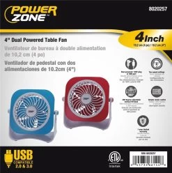 4-Inch Plastic 2-Speed Dual Powered Table Fan, Assorted Colors